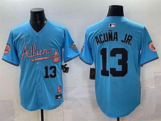 Men's Atlanta Braves #13 Ronald Acuña Jr. Blue 2024 Atliens & Peach With Outkast Patch Vapor Limited Stitched Baseball Jersey